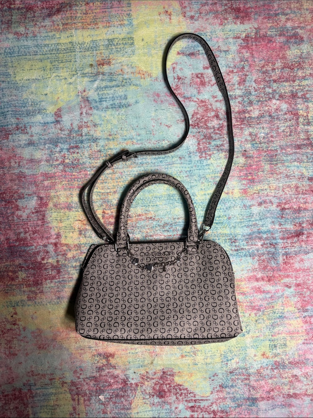 Guess Monogram Satchel in Taupe and Black